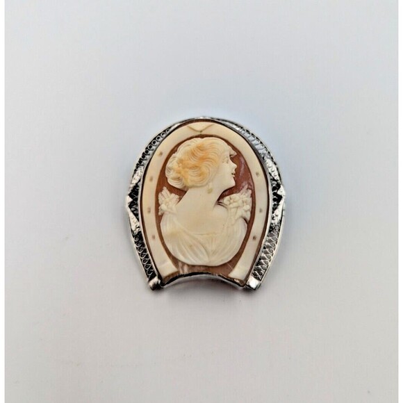Vintage Sterling Silver 925 Shell Cameo Carved Brooch Horseshoe Shape Rare - Picture 2 of 16